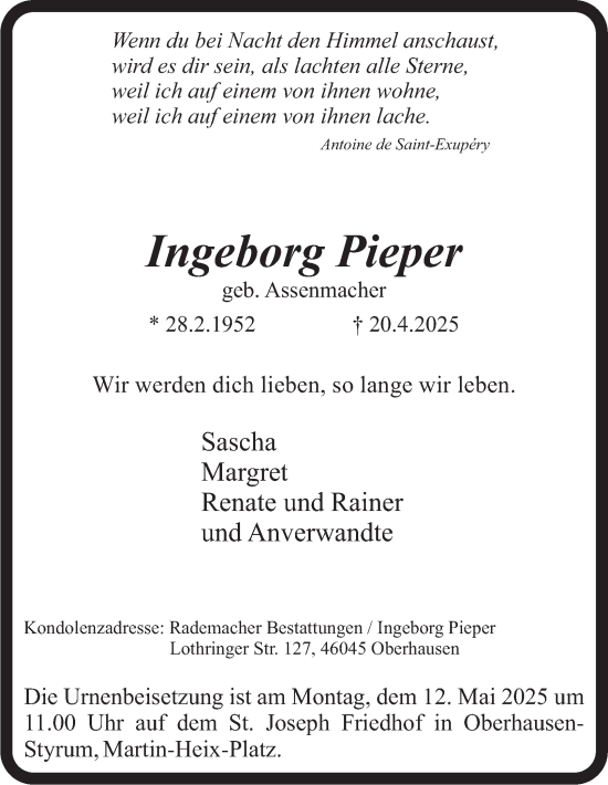 Traueranzeige von Ingeborg Pieper von Tageszeitung