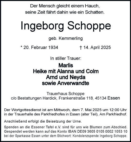 Traueranzeige von Ingeborg Schoppe von Tageszeitung