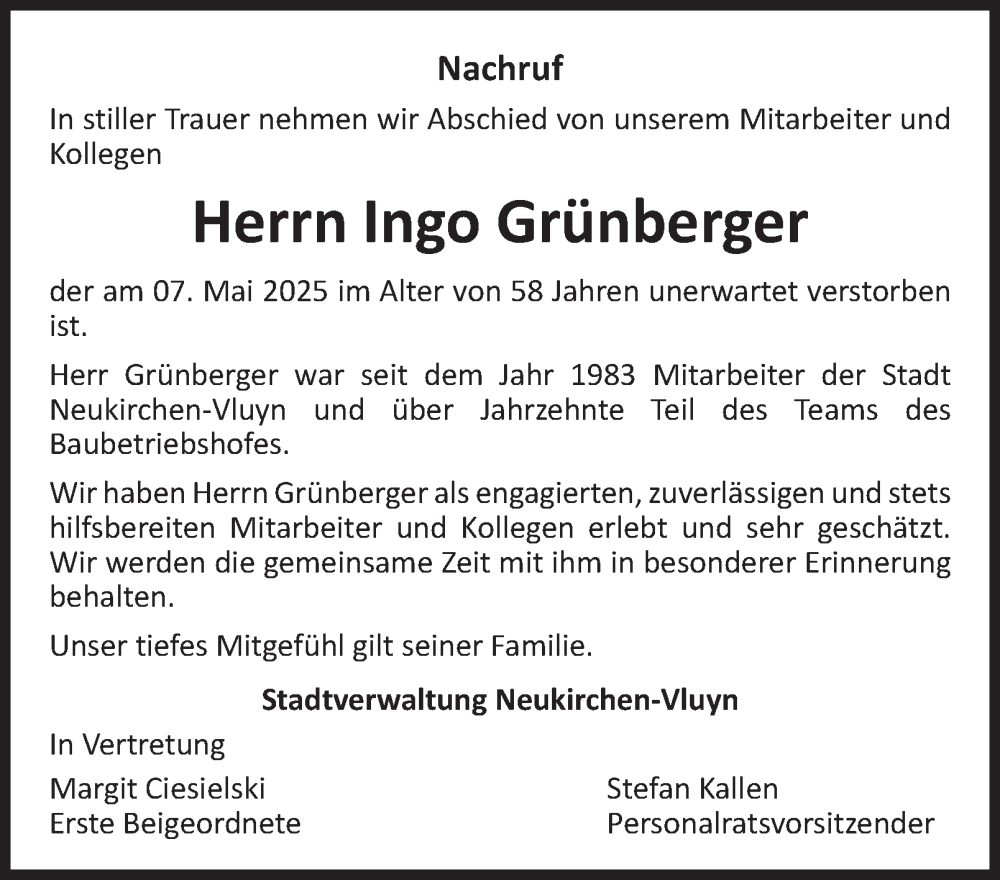  Traueranzeige für Ingo Grünberger vom 17.05.2025 aus Tageszeitung