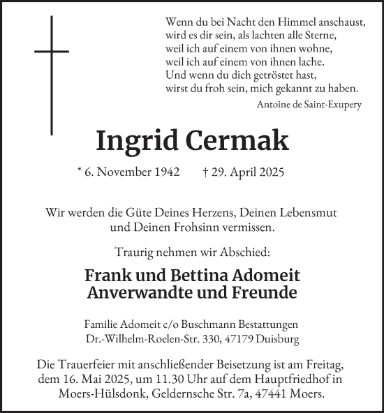 Traueranzeige von Ingrid Cermak von Tageszeitung