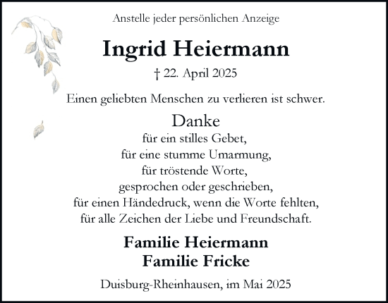 Traueranzeige von Ingrid Heiermann von Tageszeitung