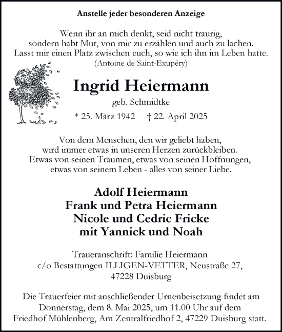 Traueranzeige von Ingrid Heiermann von Tageszeitung