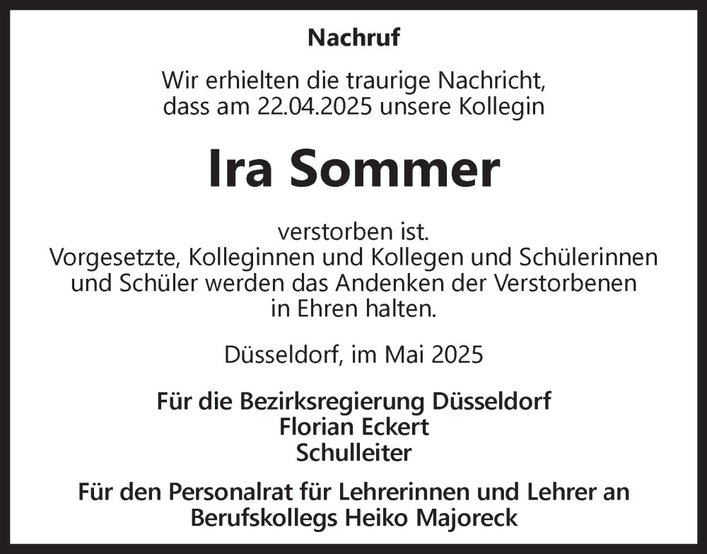  Traueranzeige für Ira Sommer vom 10.05.2025 aus Tageszeitung