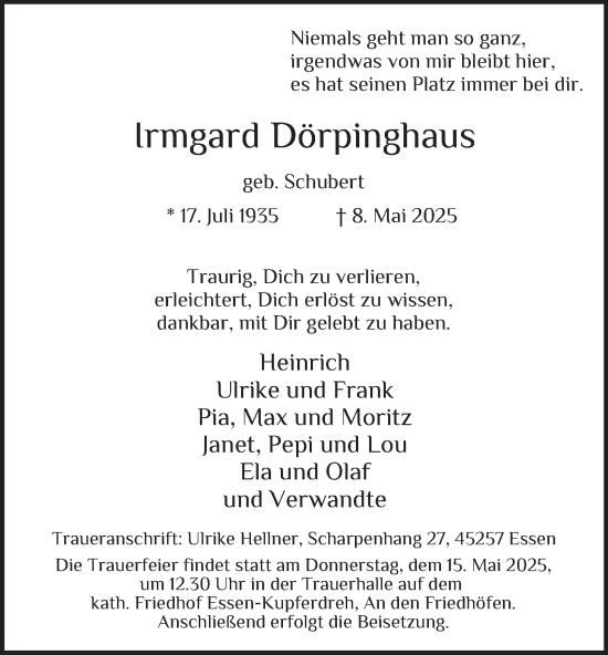Traueranzeige von Irmgard Dörpinghaus von Tageszeitung