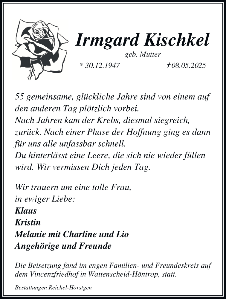  Traueranzeige für Irmgard Kischkel vom 31.05.2025 aus Tageszeitung