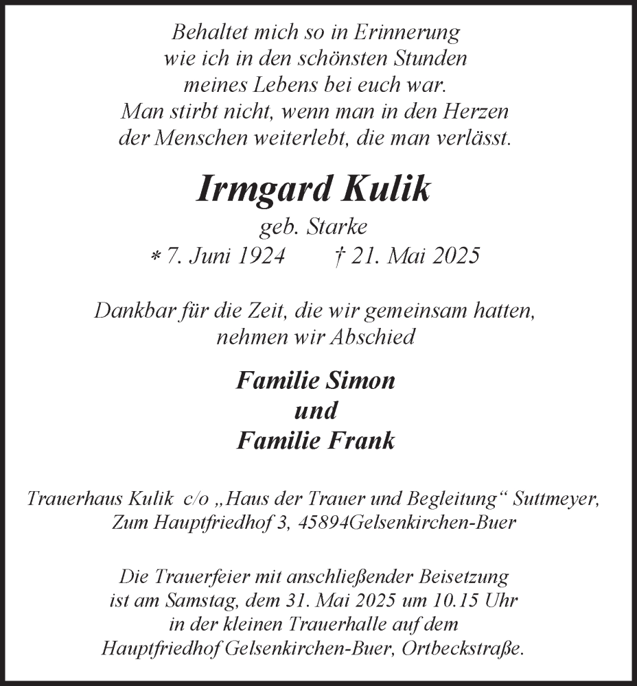  Traueranzeige für Irmgard Kulik vom 24.05.2025 aus Tageszeitung