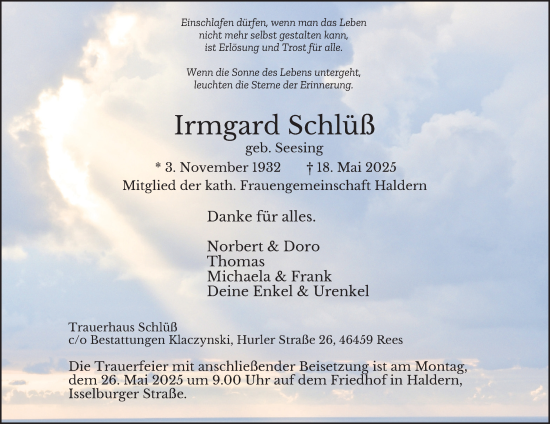 Traueranzeige von Irmgard Schlüß von Tageszeitung