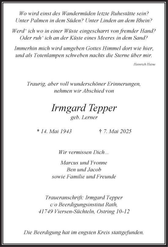 Traueranzeige von Irmgard Tepper von Tageszeitung