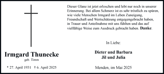 Traueranzeige von Irmgard Thunecke von Tageszeitung