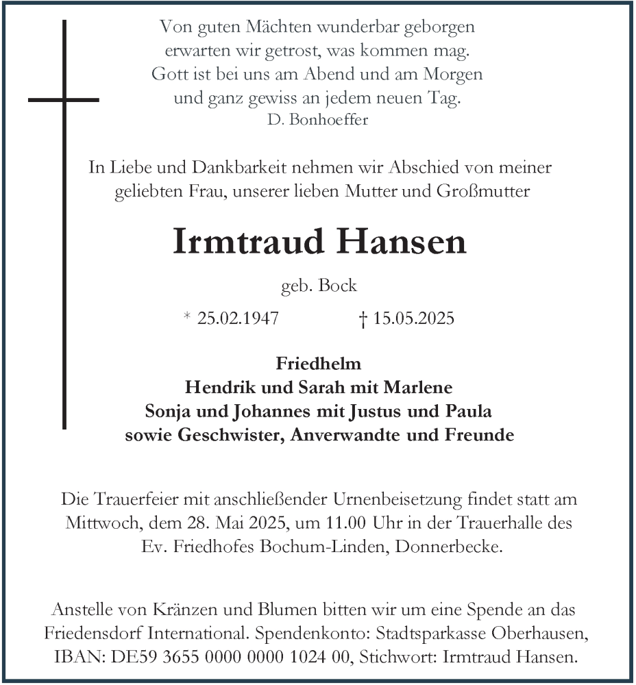  Traueranzeige für Irmtraud Hansen vom 24.05.2025 aus Tageszeitung