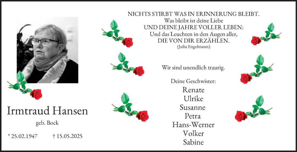  Traueranzeige für Irmtraud Hansen vom 24.05.2025 aus Tageszeitung