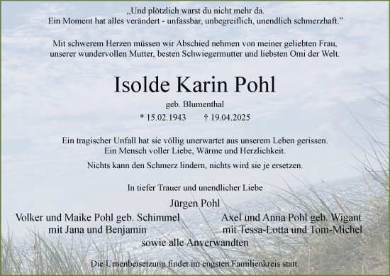 Traueranzeige von Isolde Karin Pohl von Tageszeitung