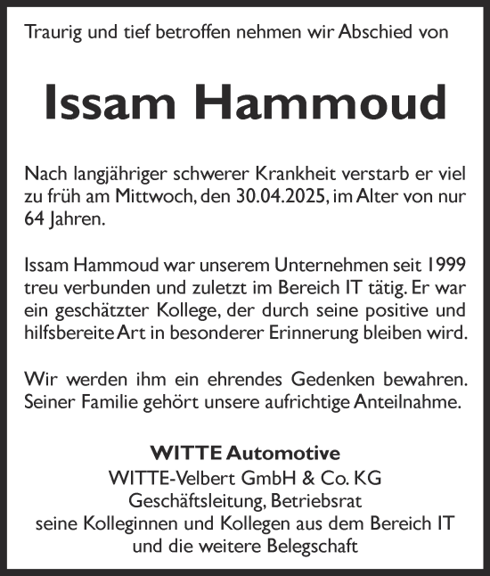 Traueranzeige von Issam Hammoud von Tageszeitung