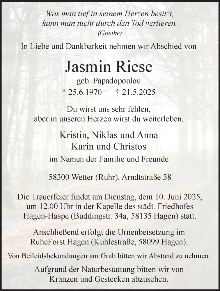  Traueranzeige für Jasmin Riese vom 31.05.2025 aus Tageszeitung