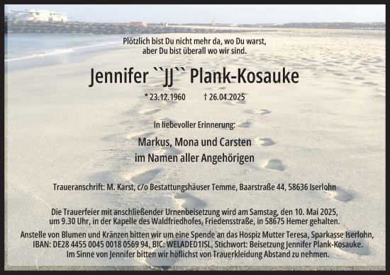 Traueranzeige von Jennifer Plank-Kosauke von Tageszeitung