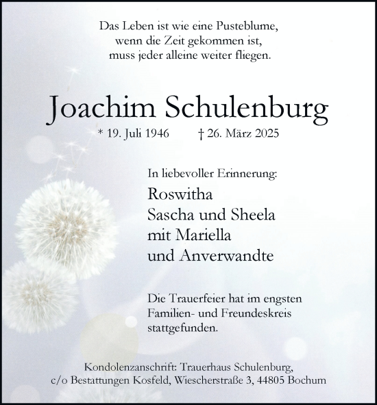 Traueranzeige von Joachim Schulenburg von Tageszeitung