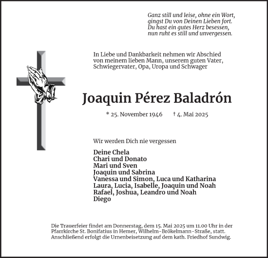 Traueranzeige von Joaquin Perez Baladron von Tageszeitung