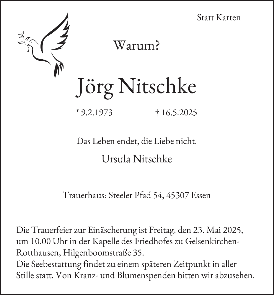  Traueranzeige für Jörg Nitschke vom 22.05.2025 aus Tageszeitung