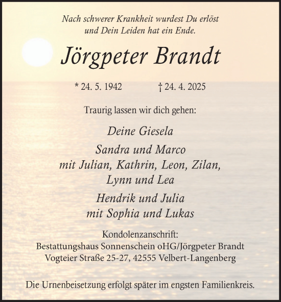 Traueranzeige von Jörgpeter Brandt von Tageszeitung