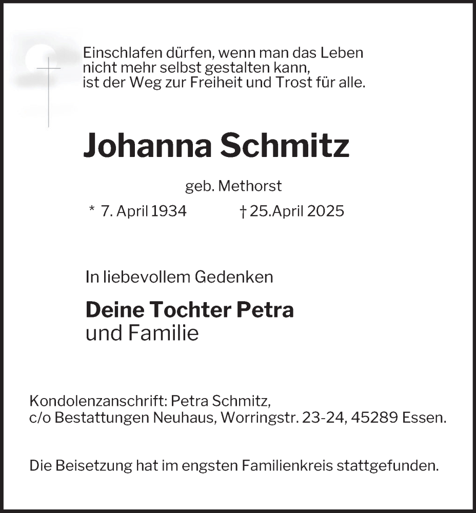  Traueranzeige für Johanna Schmitz vom 17.05.2025 aus Tageszeitung