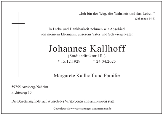 Traueranzeige von Johannes Kallhoff von Tageszeitung
