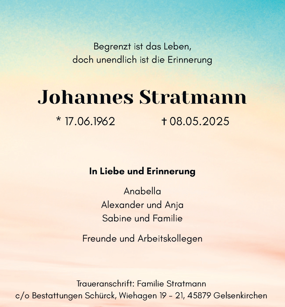 Traueranzeige für Johannes Stratmann vom 14.05.2025 aus Tageszeitung