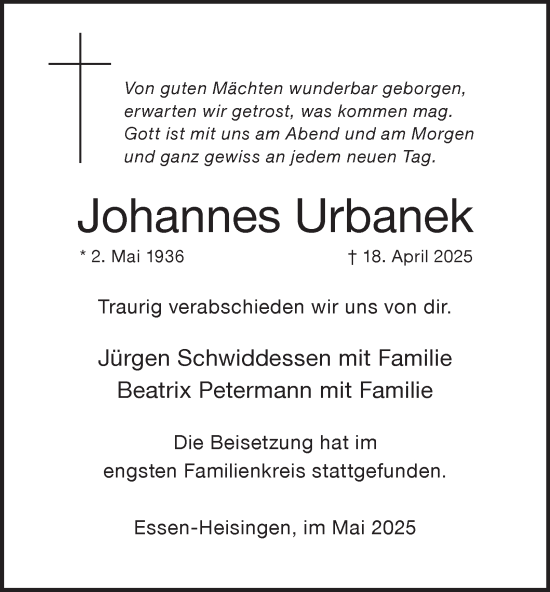 Traueranzeige von Johannes Urbanek von Tageszeitung