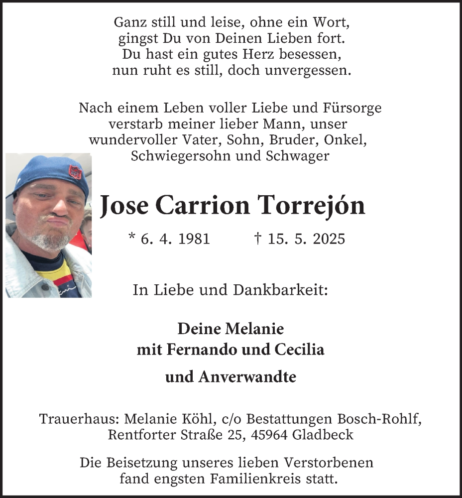  Traueranzeige für Jose Carrion Torrejón vom 24.05.2025 aus Tageszeitung