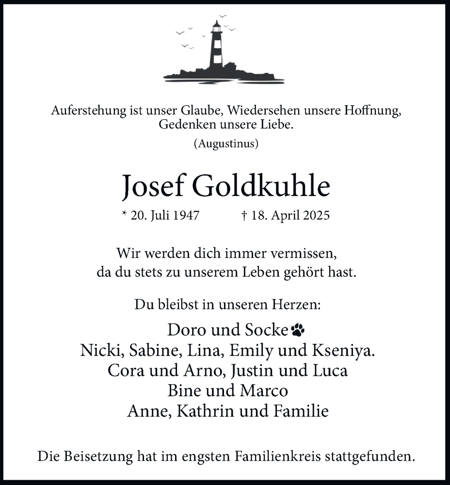  Traueranzeige für Josef Goldkuhle vom 03.05.2025 aus Tageszeitung