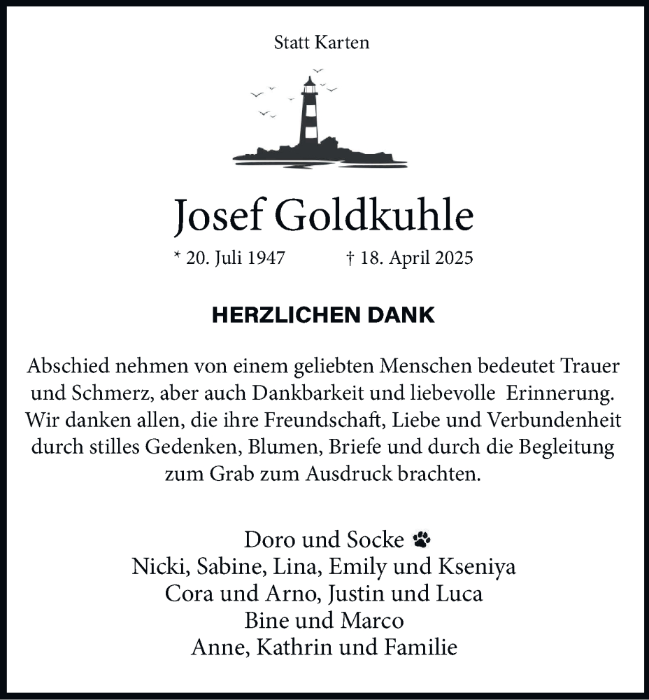  Traueranzeige für Josef Goldkuhle vom 31.05.2025 aus Tageszeitung