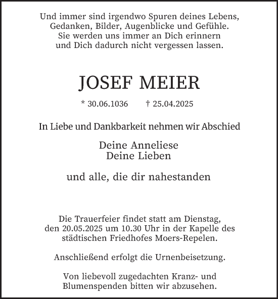 Traueranzeige von Josef Meier von Tageszeitung