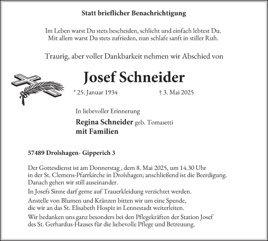 Traueranzeige von Josef Schneider von Tageszeitung