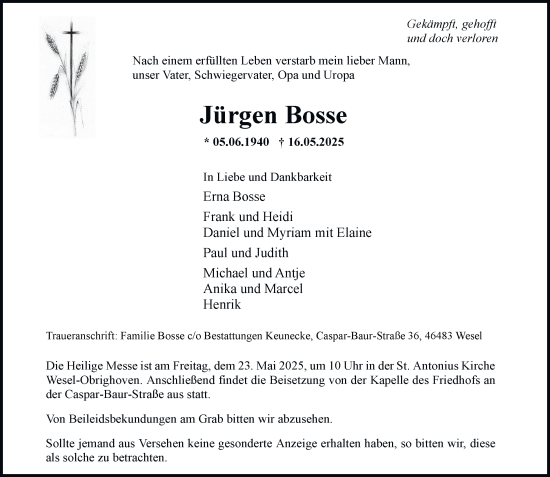Traueranzeige von Jürgen Bosse von Tageszeitung