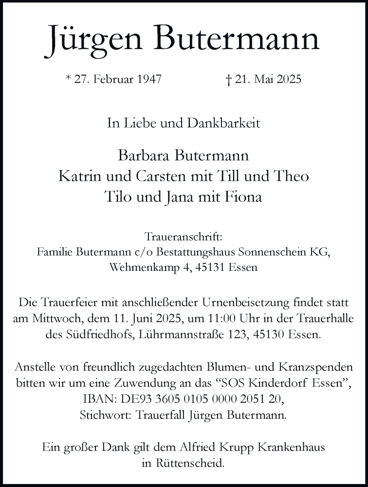  Traueranzeige für Jürgen Butermann vom 31.05.2025 aus Tageszeitung