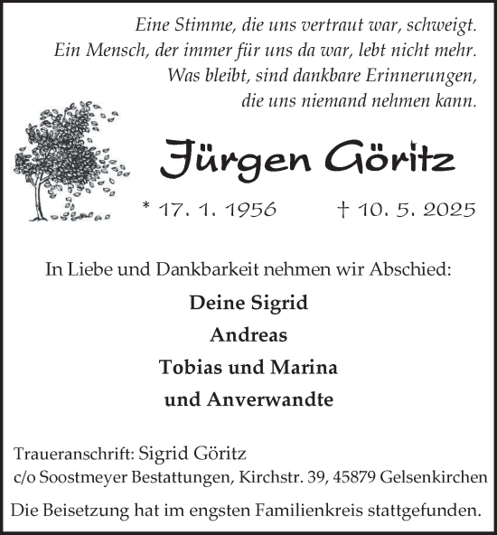 Traueranzeige von Jürgen Göritz von Tageszeitung