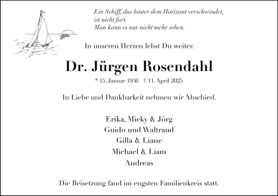 Traueranzeige von Jürgen Rosendahl von Tageszeitung
