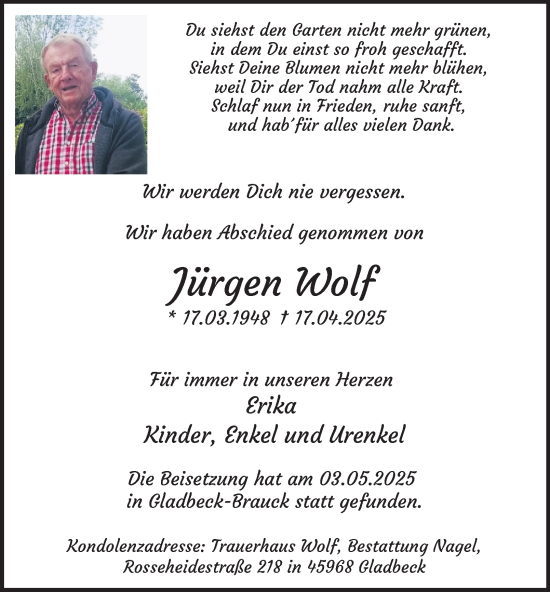 Traueranzeige von Jürgen Wolf von Tageszeitung