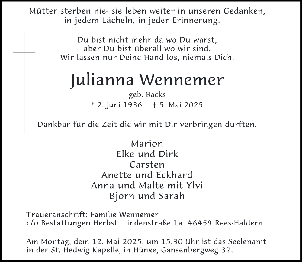  Traueranzeige für Julianna Wennemer vom 09.05.2025 aus Tageszeitung