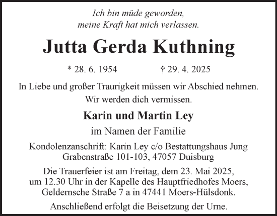 Traueranzeige von Jutta Gerda Kuthning von Tageszeitung