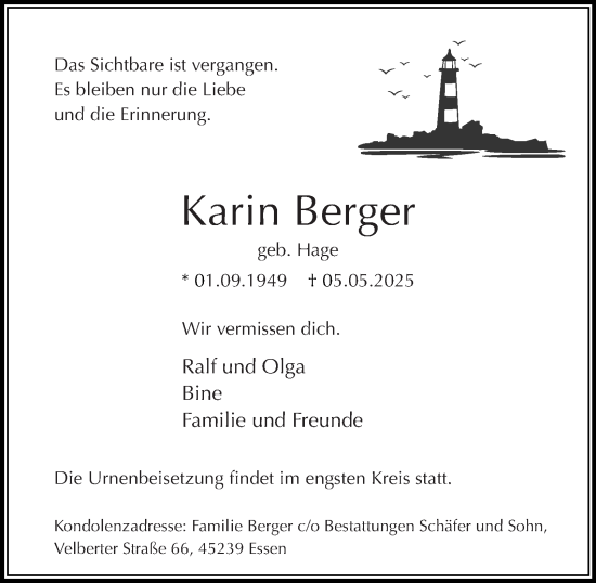 Traueranzeige von Karin Berger von Tageszeitung