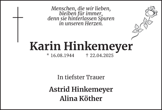 Traueranzeige von Karin Hinkemeyer von Tageszeitung