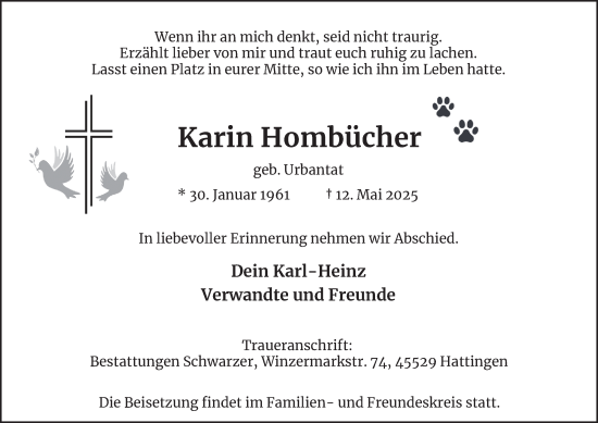 Traueranzeige von Karin Hombücher von Tageszeitung