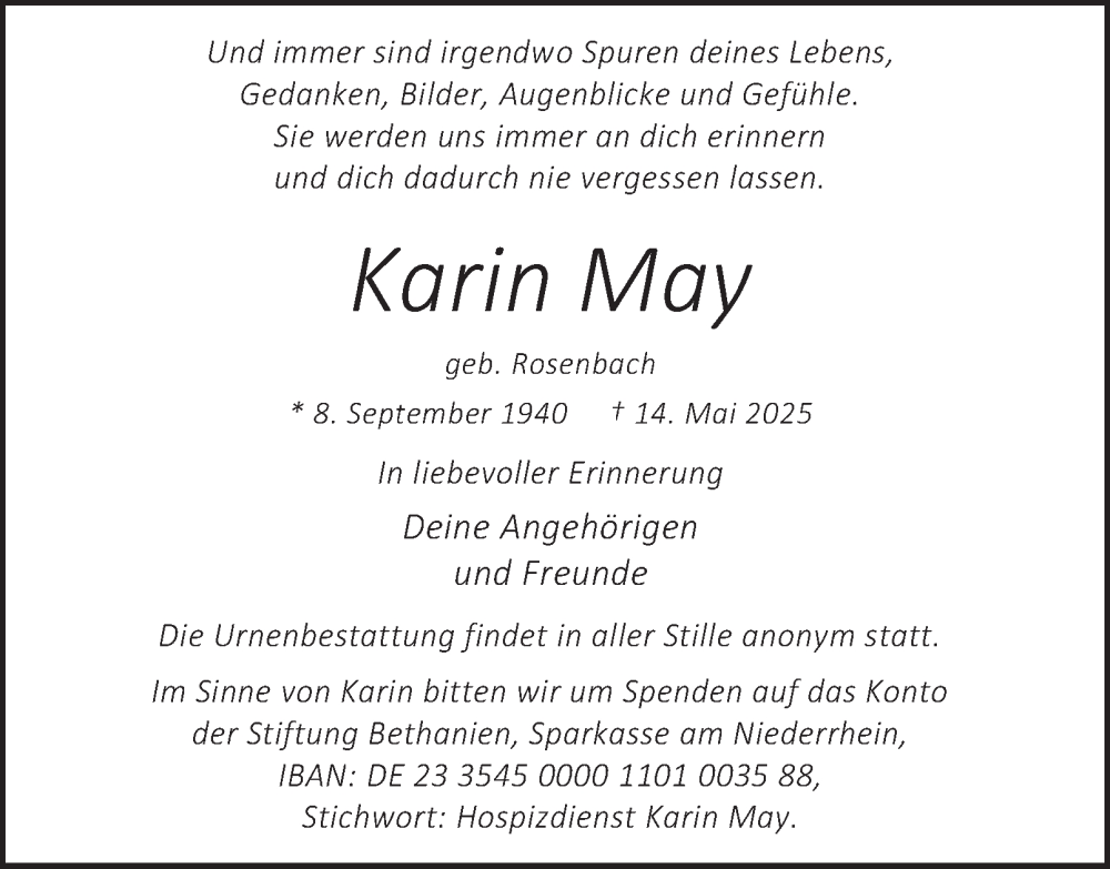  Traueranzeige für Karin May vom 24.05.2025 aus Tageszeitung