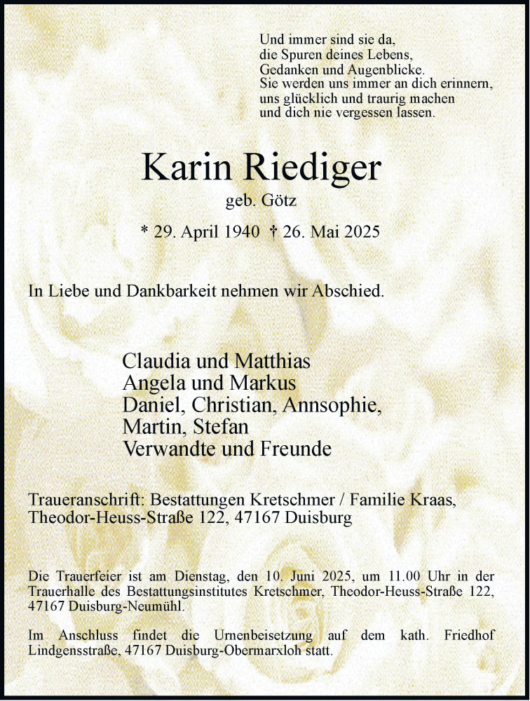  Traueranzeige für Karin Riediger vom 31.05.2025 aus Tageszeitung