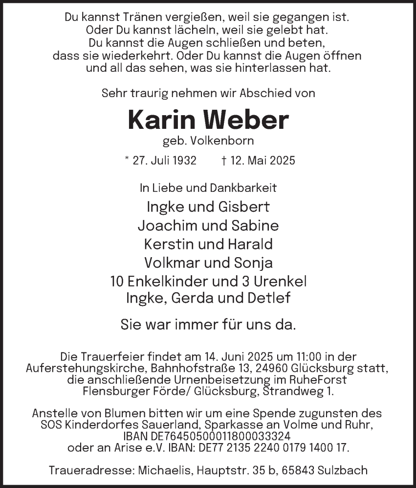  Traueranzeige für Karin Weber vom 24.05.2025 aus Tageszeitung
