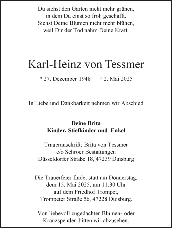 Traueranzeige von Karl-Heinz von Tessmer von Tageszeitung