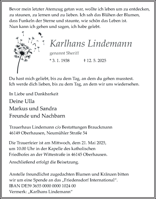 Traueranzeige von Karlhans Lindemann von Tageszeitung