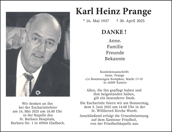 Traueranzeige von Karl Heinz Prange von Tageszeitung