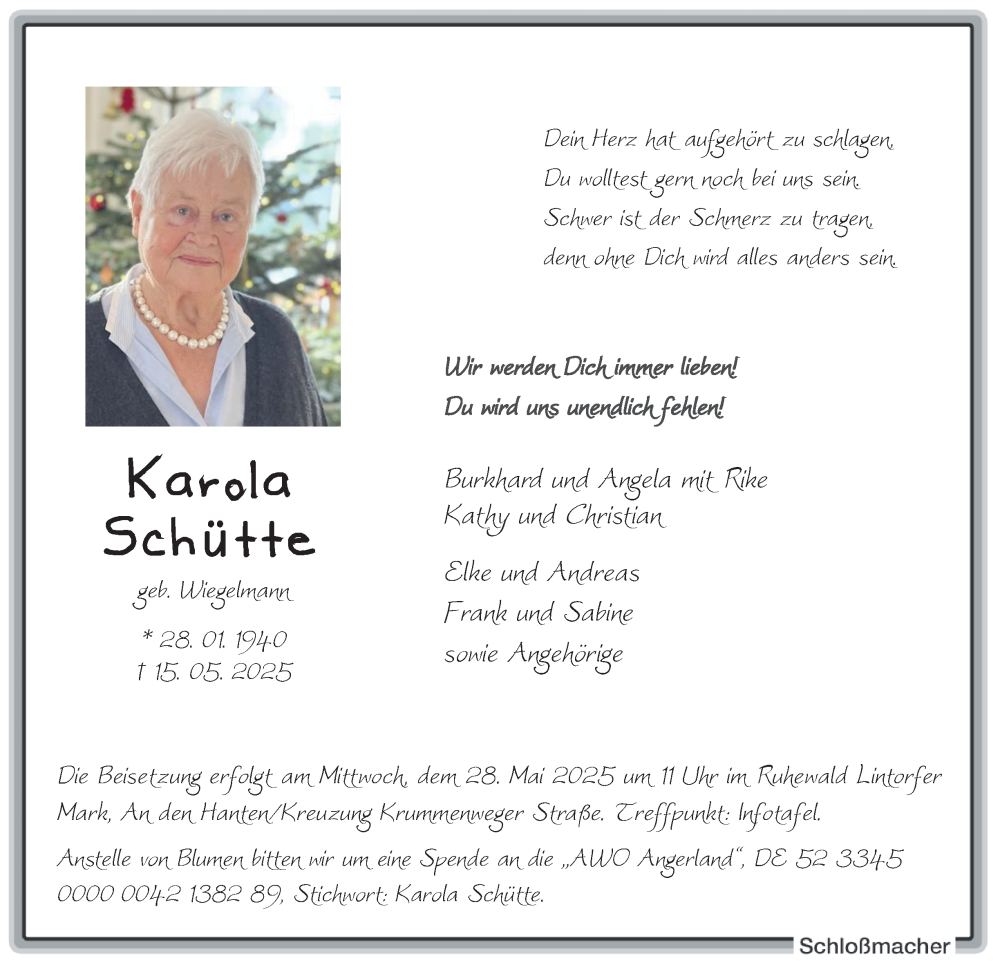  Traueranzeige für Karola Schütte vom 24.05.2025 aus Tageszeitung