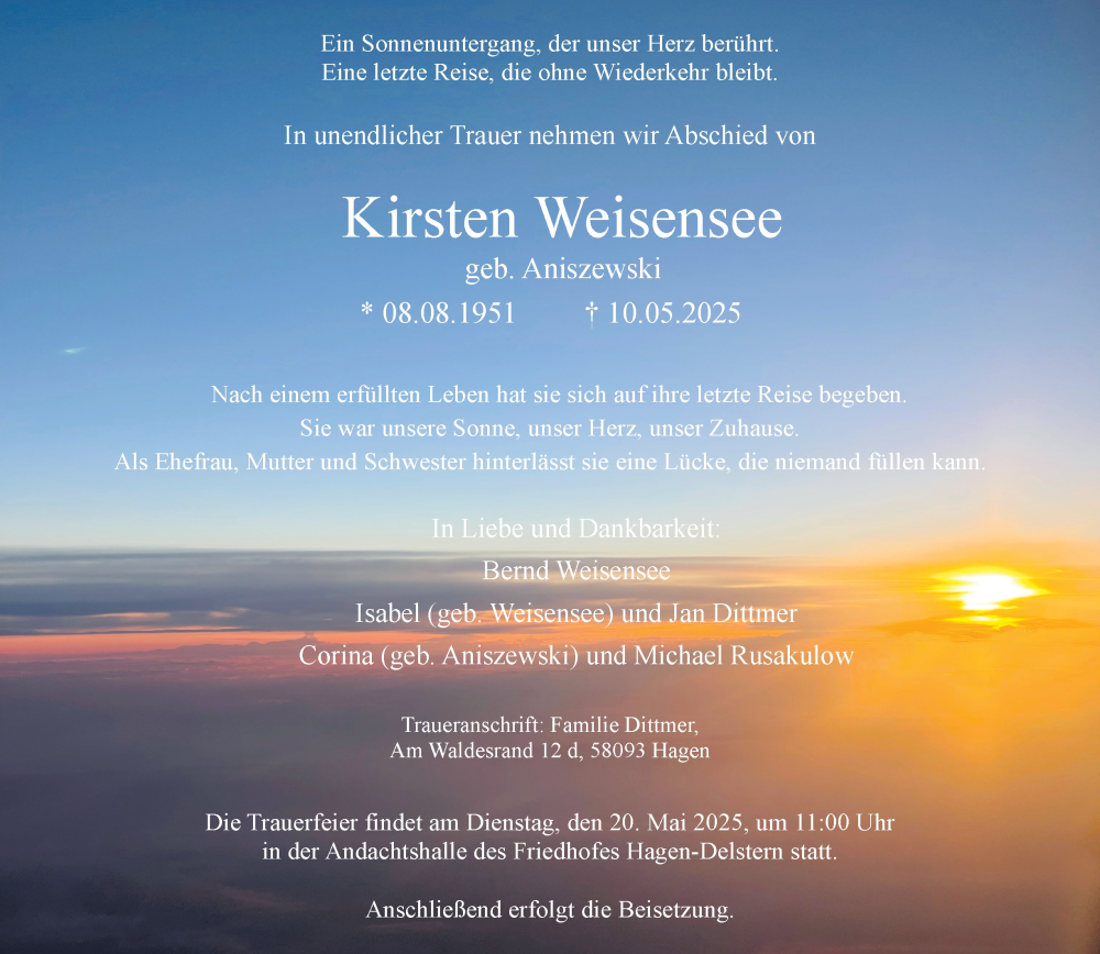  Traueranzeige für Kirsten Weisensee vom 17.05.2025 aus Tageszeitung